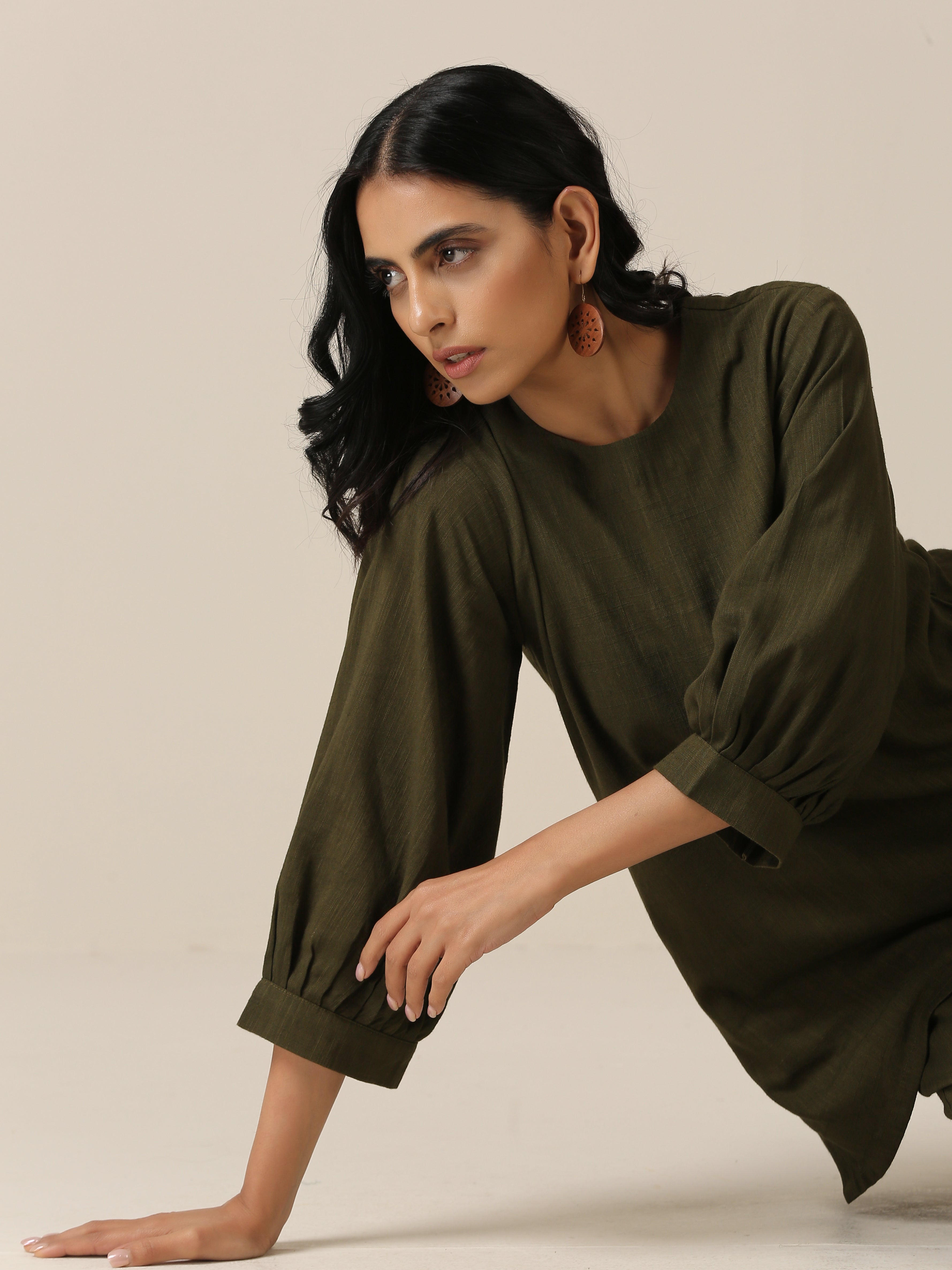 trueBrowns Olive Green Slub Texture Baggy Sleeve Co-Ord Set - Distacart