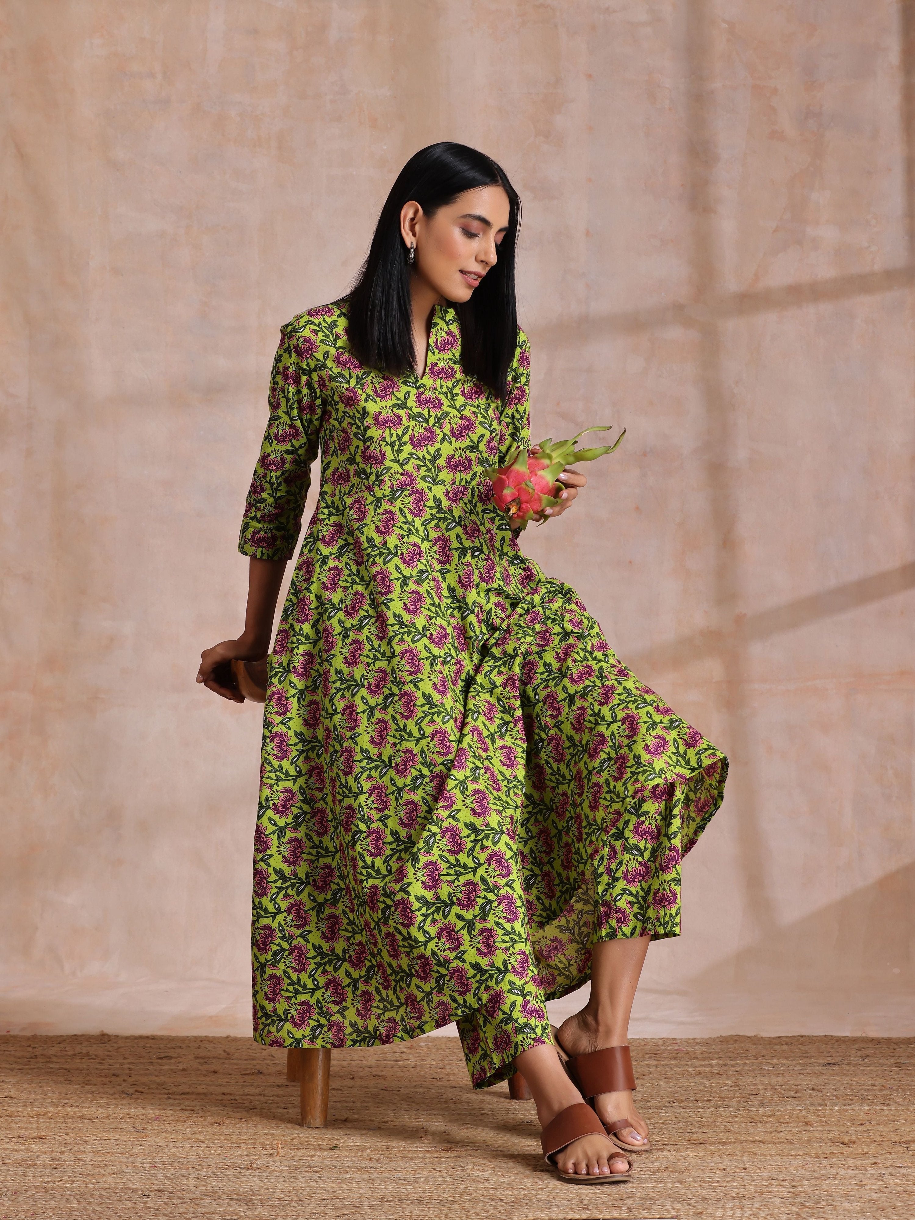 trueBrowns Lime Green Overall Pink Floral Block Print Cotton Flared Kurta Pant Set - Distacart