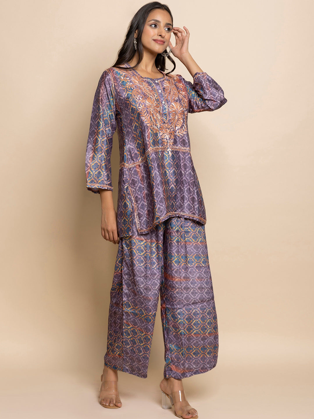HOUSE OF KARI Floral Embroidered Regular Chikankari Straight Kurta with Palazzos - Distacart