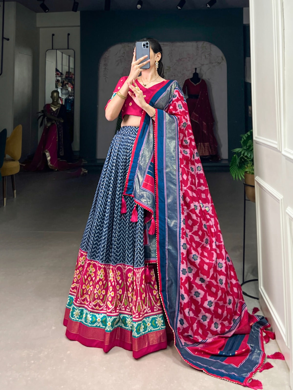 Lorenvalley Blue Tussar Silk Patola With Foil Print Lehenga Choli - Distacart
