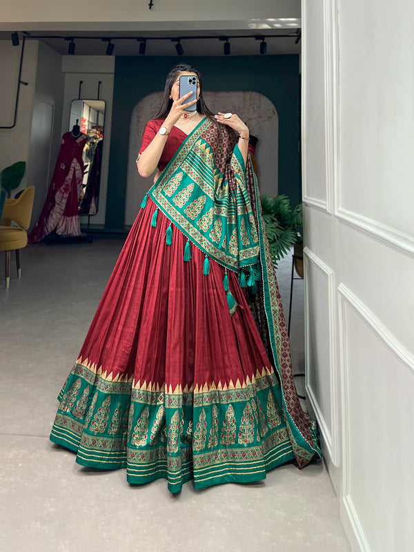 Lorenvalley Fashion Red Tasar Silk Print With Foil Print Lehenga Choli with Dupatta
