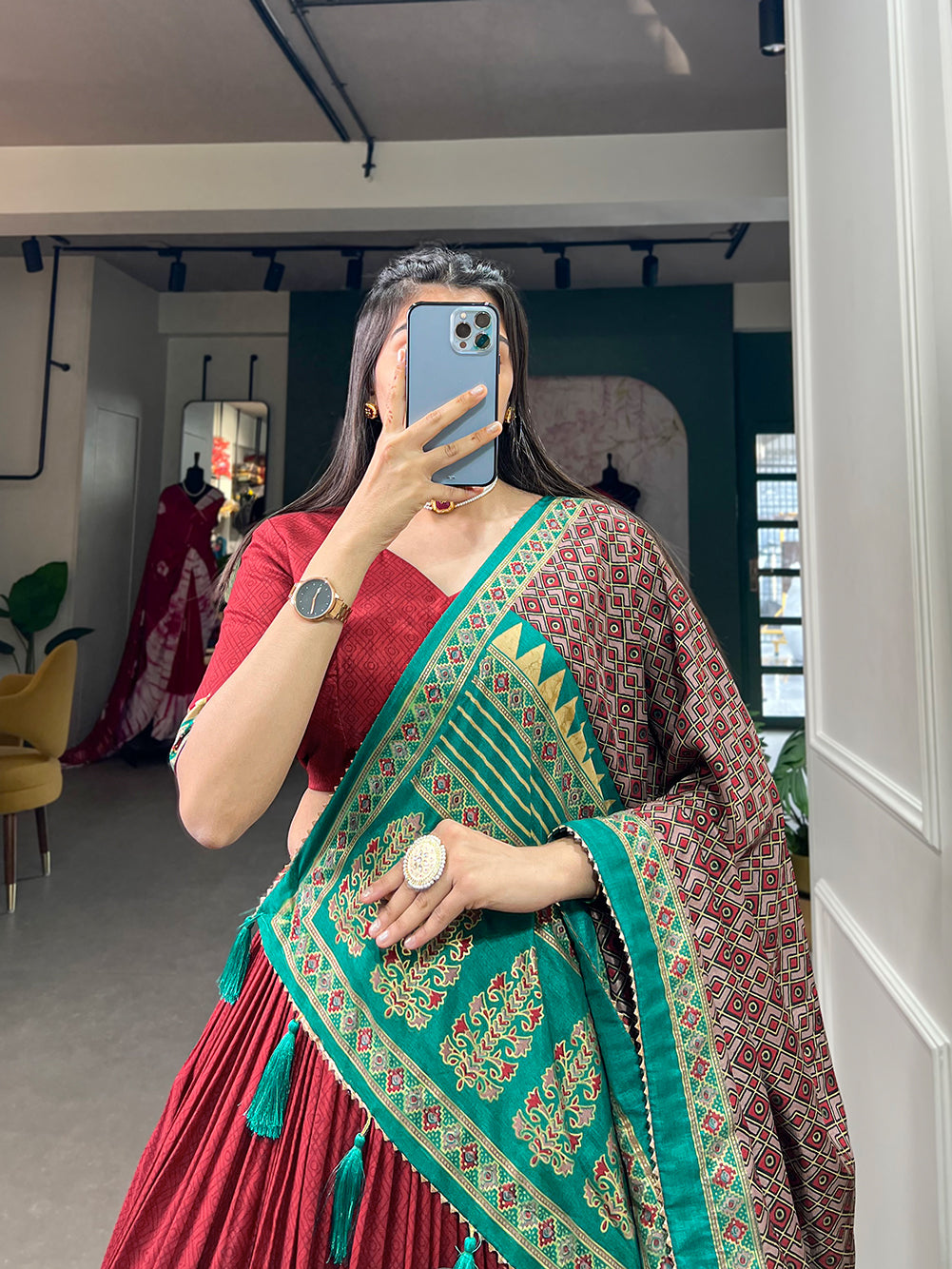 Lorenvalley Fashion Red Tasar Silk Print With Foil Print Lehenga Choli with Dupatta