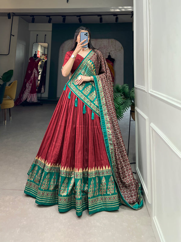 Lorenvalley Fashion Red Tasar Silk Print With Foil Print Lehenga Choli with Dupatta