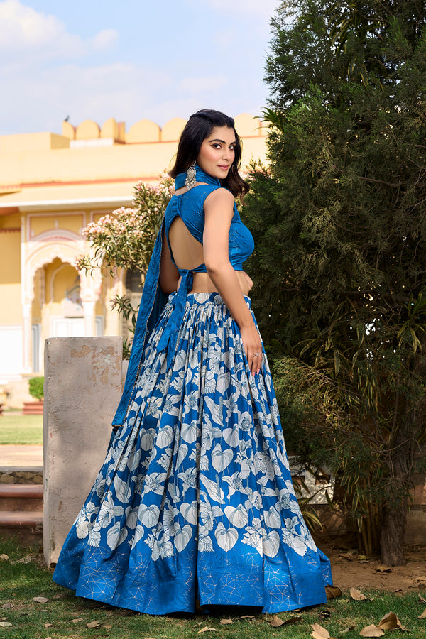 Lorenvalley Blue Tussar Silk Floral Printed with Foil Printed Lehenga Choli - Distacart