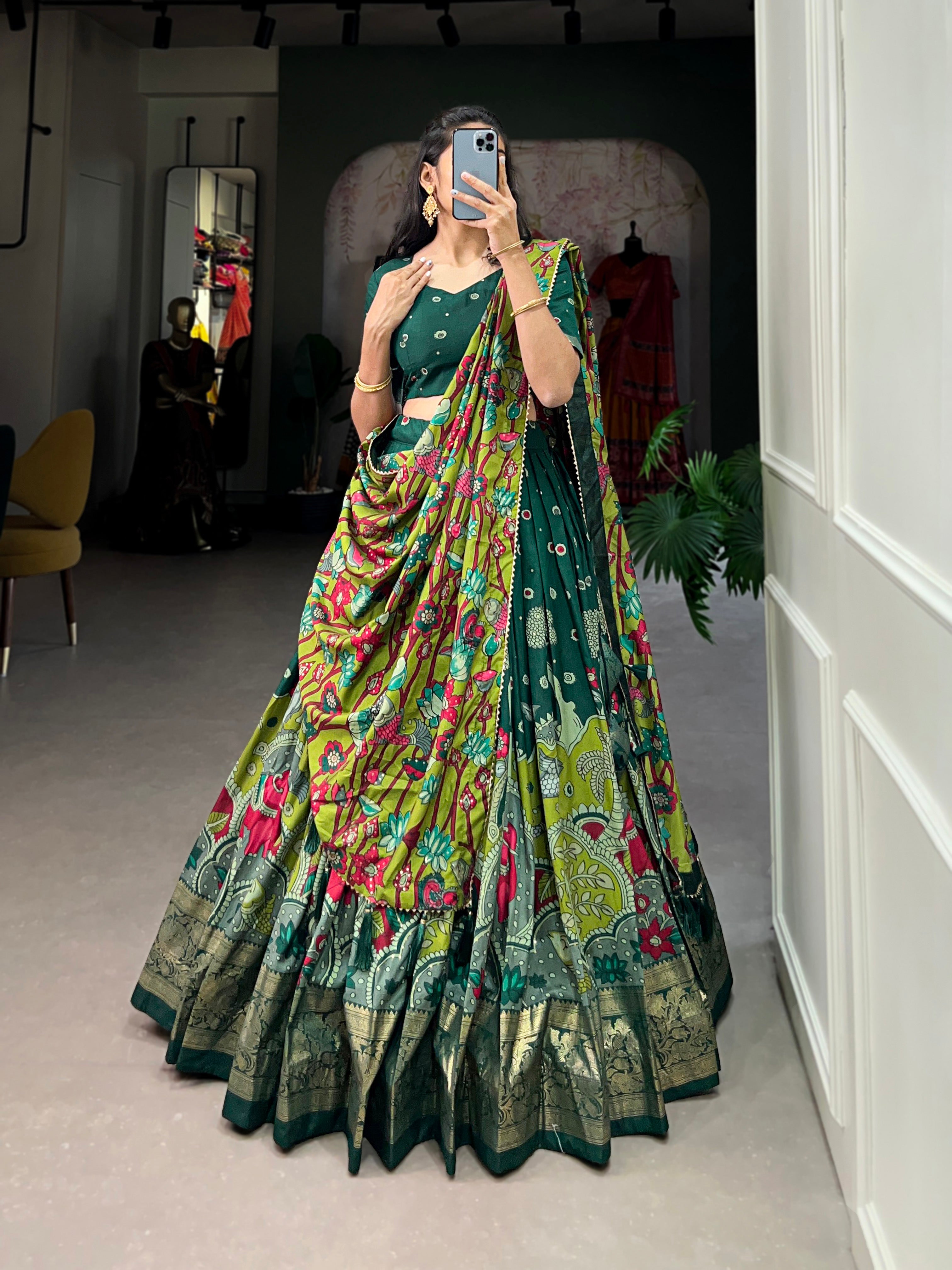 Lorenvalley Green Tussar Silk Kalamkari Print with Foil Work Border Lehenga Choli with Dupatta - Distacart