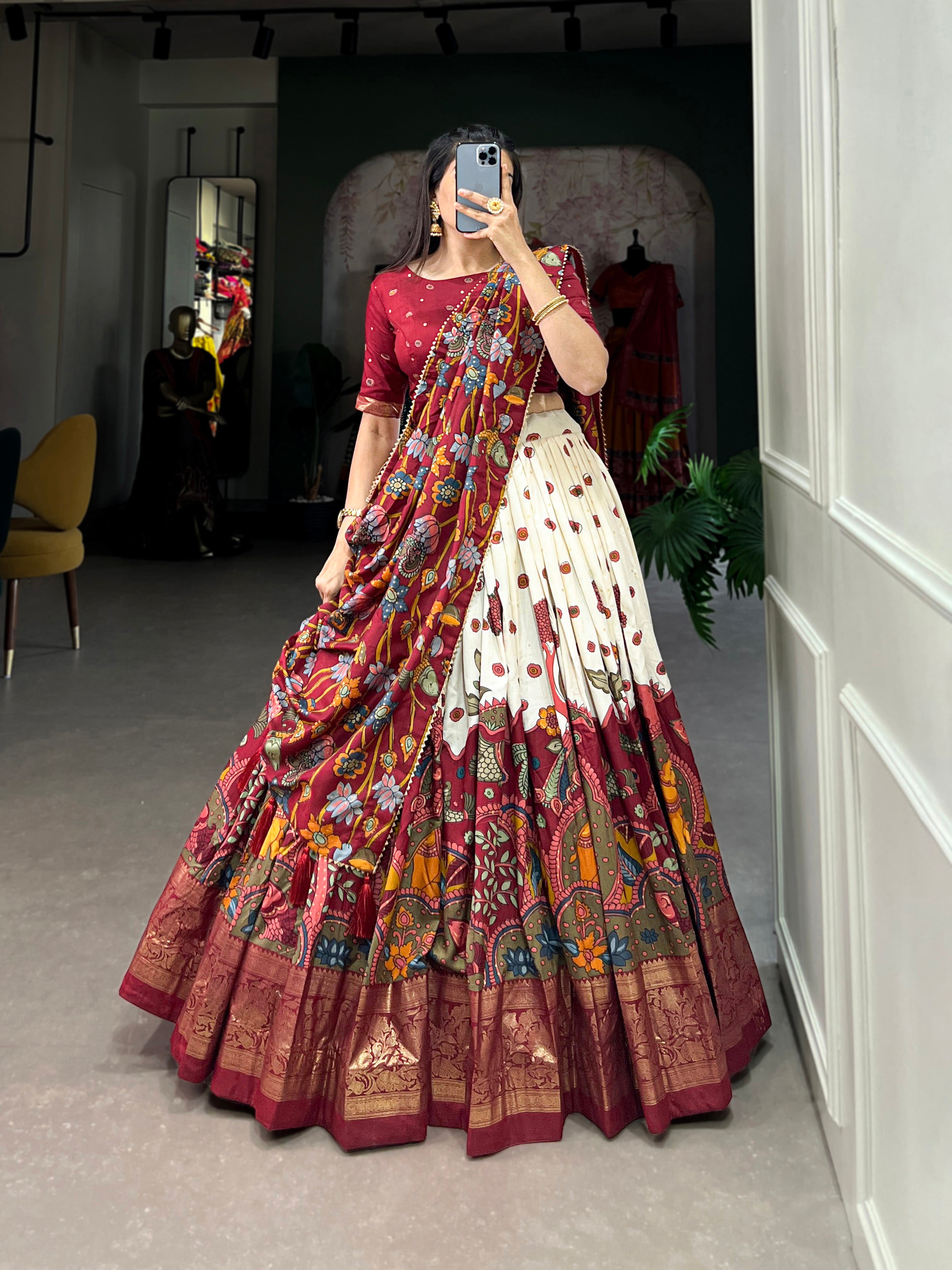 Lorenvalley Off White Tussar Silk Kalamkari Print with Foil Work Border Lehenga Choli with Dupatta - Distacart