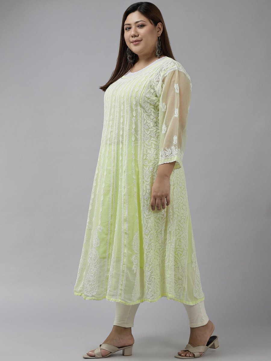 ADA Women Lime Green & White Ethnic Motifs Plus Size Chikankari Georgette Anarkali Kurta - Distacart