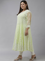 Thumbnail for ADA Women Lime Green & White Ethnic Motifs Plus Size Chikankari Georgette Anarkali Kurta - Distacart