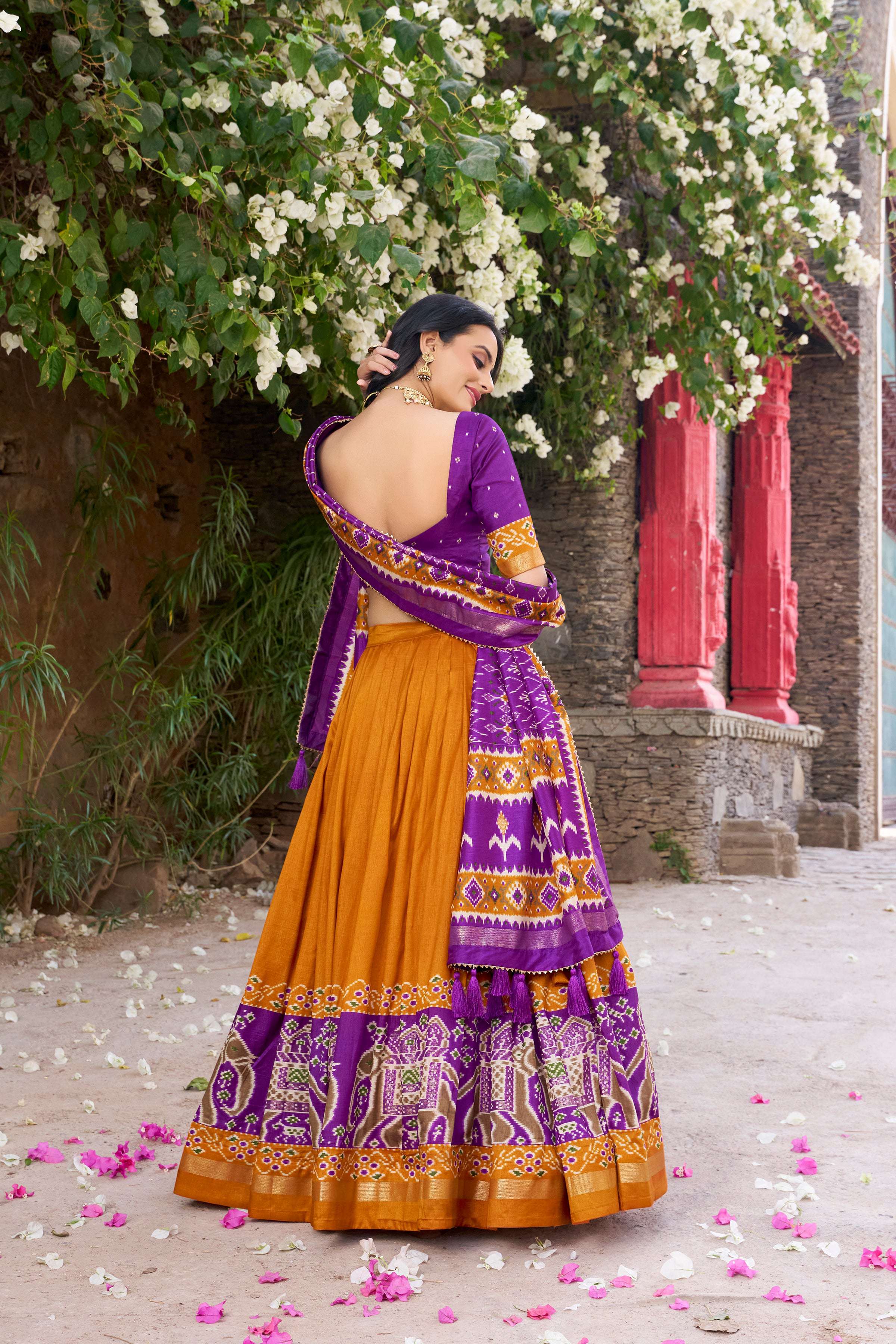 Lorenvalley Fashion Mustard Tussar Silk Patola Printed With Foil Work Lehenga Choli with Dupatta