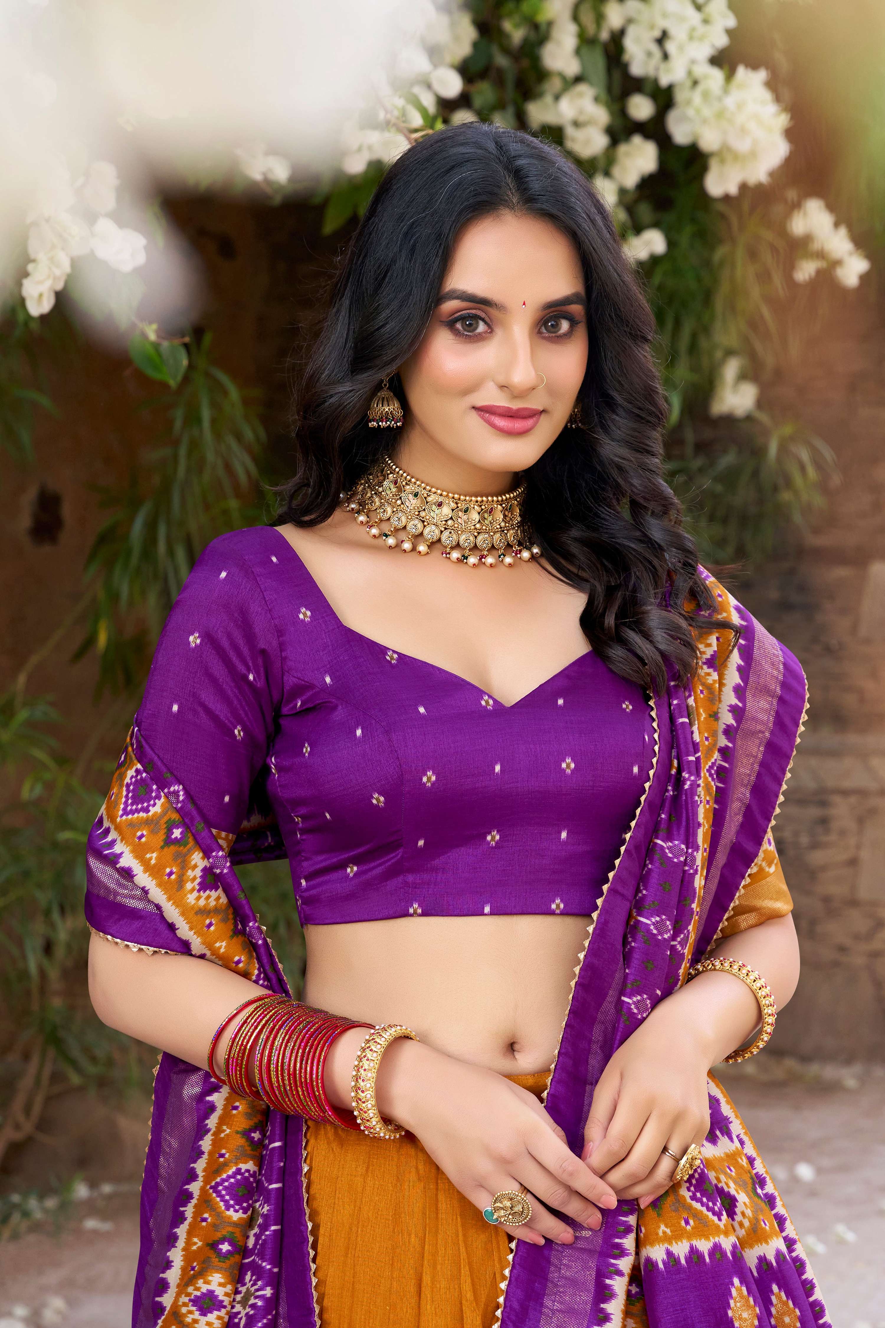 Lorenvalley Fashion Mustard Tussar Silk Patola Printed With Foil Work Lehenga Choli with Dupatta