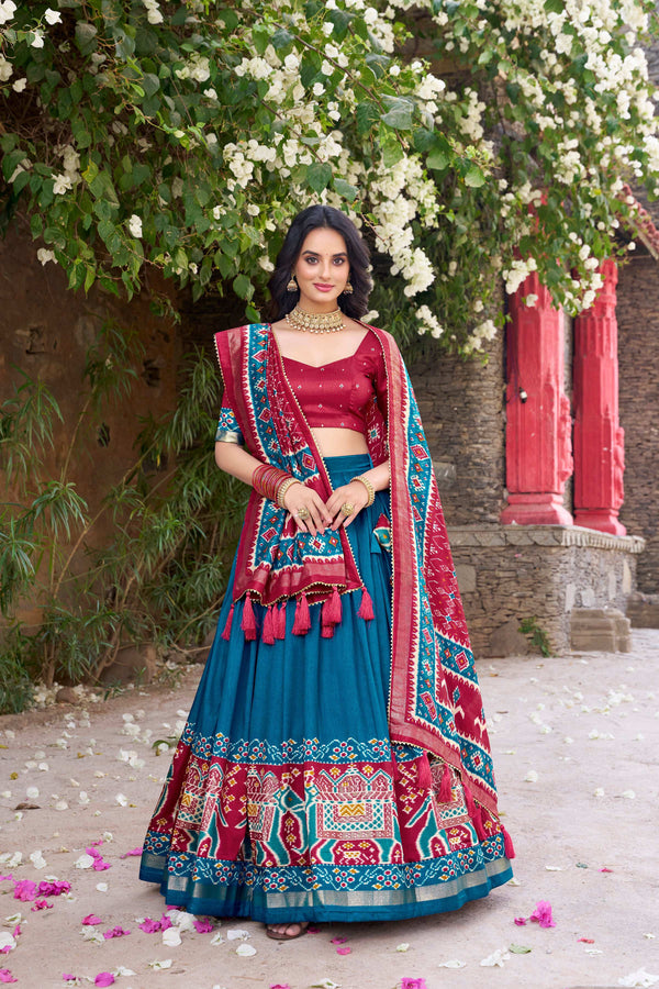 Lorenvalley Fashion Teal Tussar Silk Patola Printed With Foil Work Lehenga Choli with Dupatta