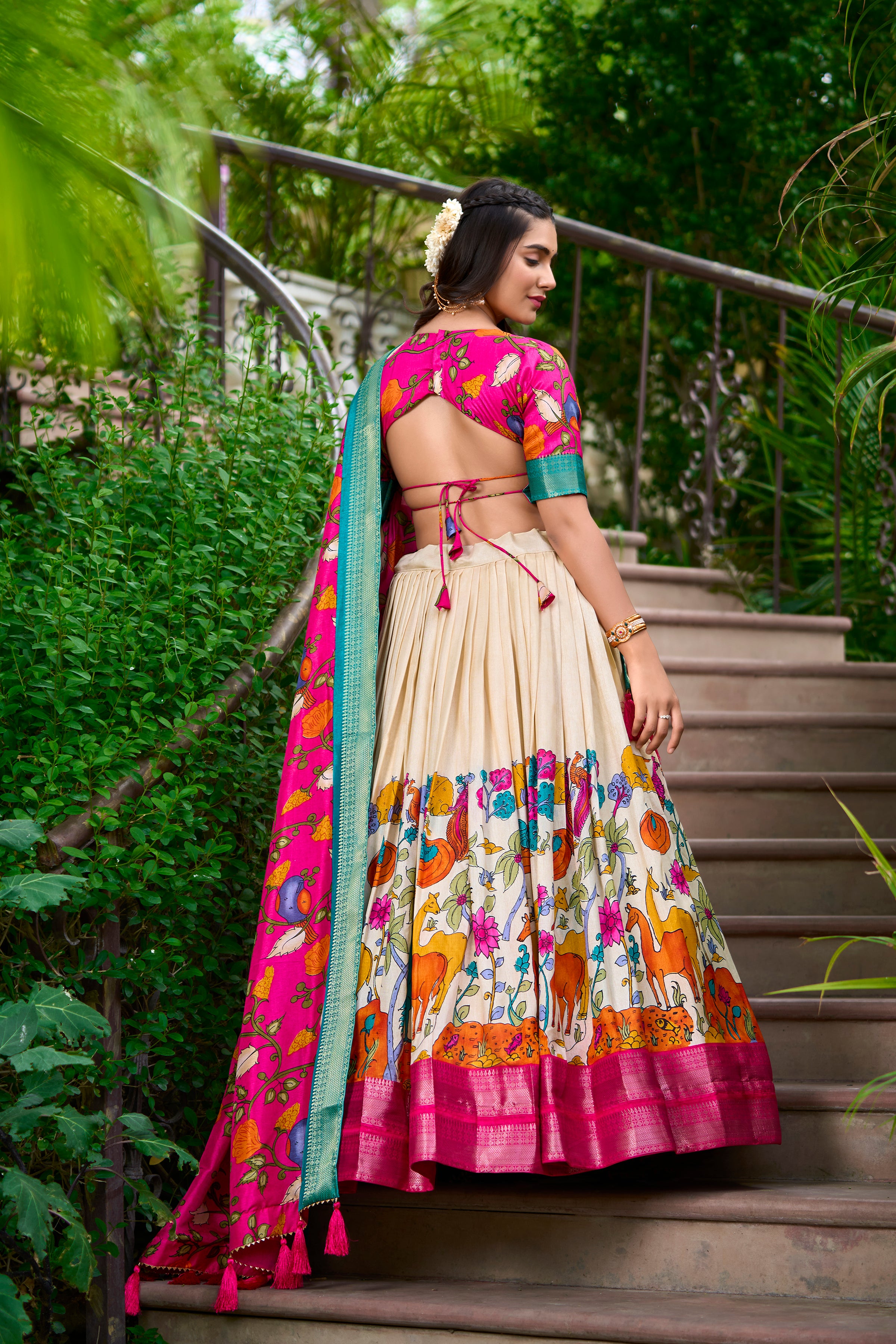 Lorenvalley Cream Dola Silk Kalamkari Print With Zari Weaving Border Lehenga Choli - Distacart