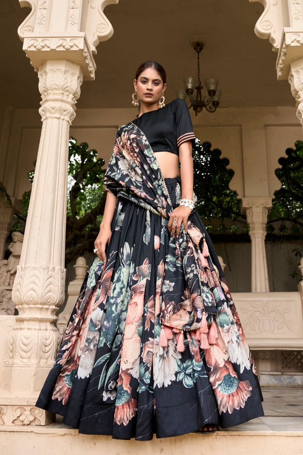 Lorenvalley Black Tussar Silk Floral Print with Lace Touch Up Lehenga Choli - Distacart