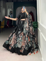 Thumbnail for Lorenvalley Black Tussar Silk Floral Print with Lace Touch Up Lehenga Choli - Distacart