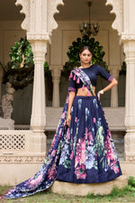Thumbnail for Lorenvalley Blue Tussar Silk Floral Print with Lace Touch Up Lehenga Choli - Distacart
