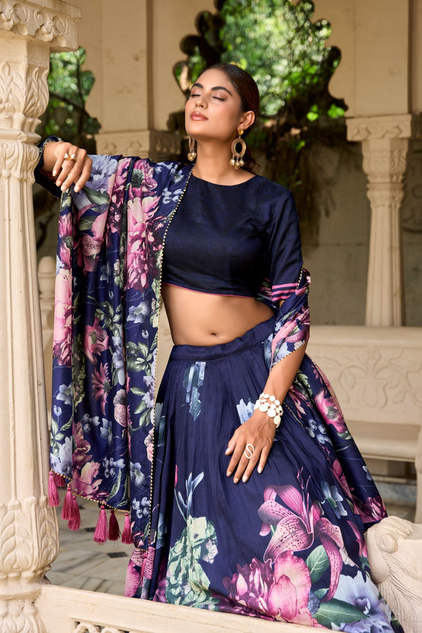 Lorenvalley Blue Tussar Silk Floral Print with Lace Touch Up Lehenga Choli - Distacart