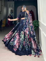Thumbnail for Lorenvalley Blue Tussar Silk Floral Print with Lace Touch Up Lehenga Choli - Distacart