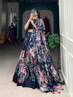 Thumbnail for Lorenvalley Blue Tussar Silk Floral Print with Lace Touch Up Lehenga Choli - Distacart