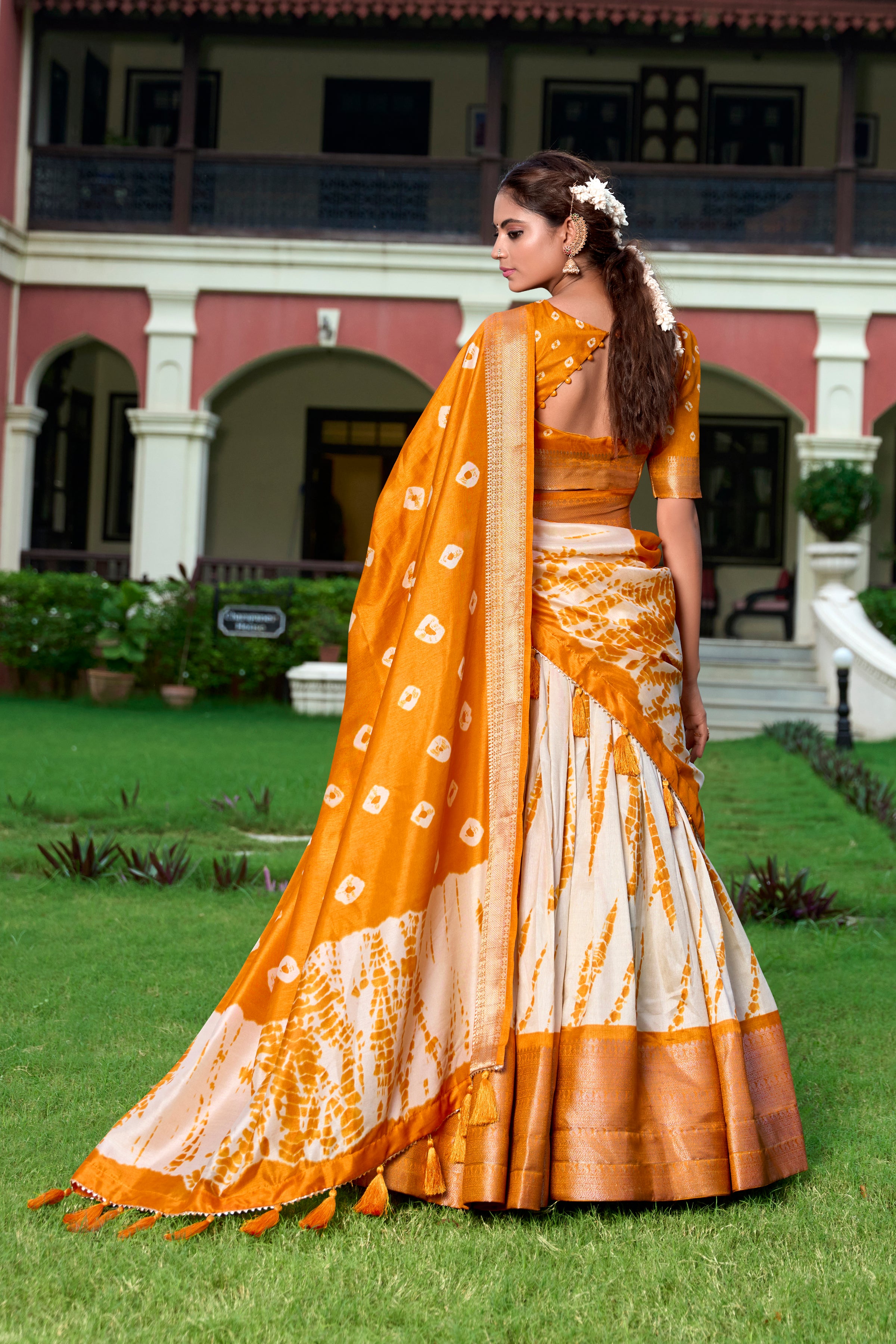 Lorenvalley Cream and Mustard Dola Silk Shibori Print With Zari Weaving Border Lehenga Choli - Distacart