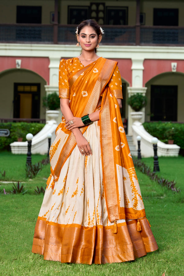 Lorenvalley Cream and Mustard Dola Silk Shibori Print With Zari Weaving Border Lehenga Choli - Distacart