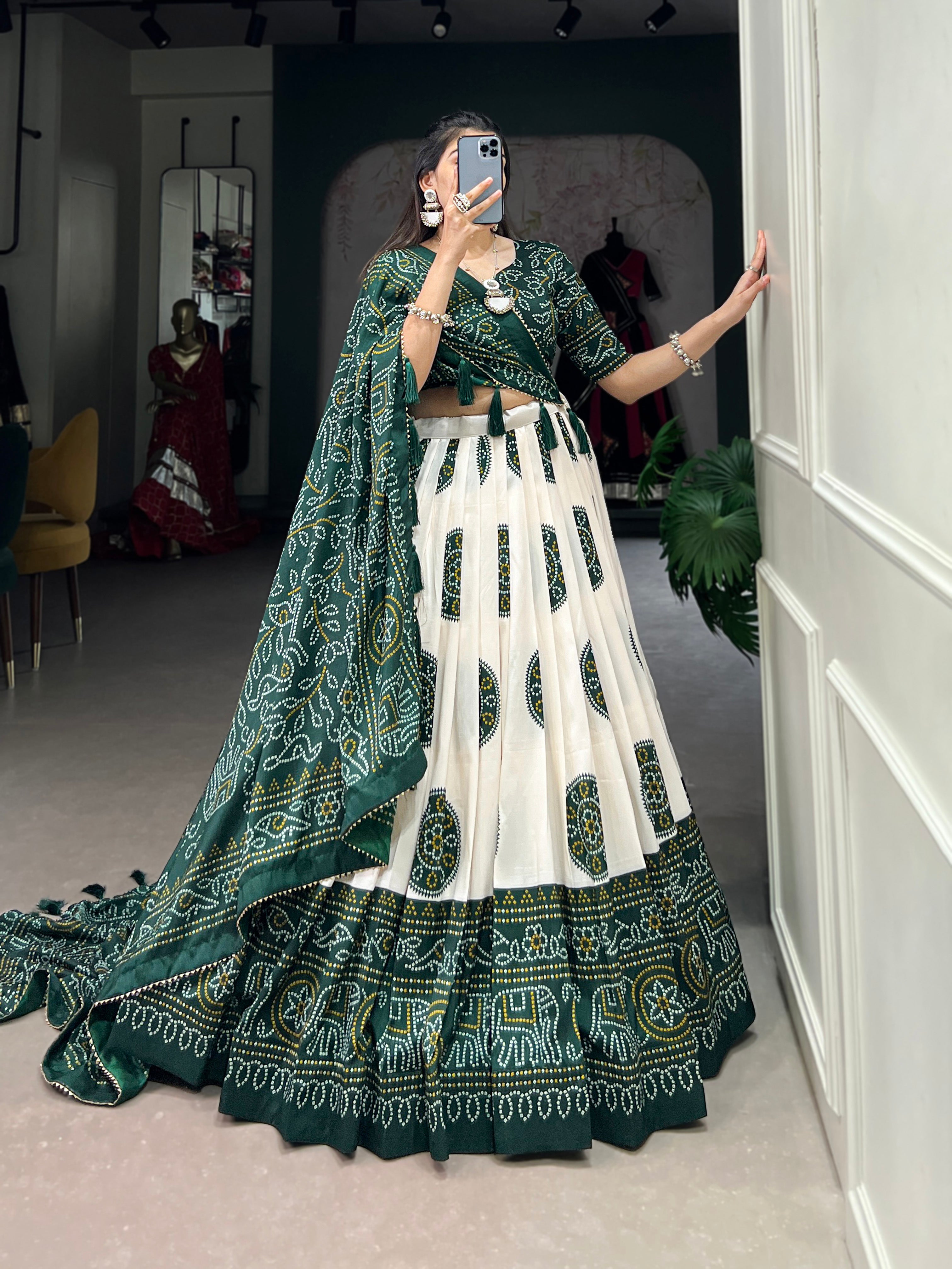 Lorenvalley Green Artistry in Tussar Silk with Bandhej Print Lehenga Choli - Distacart