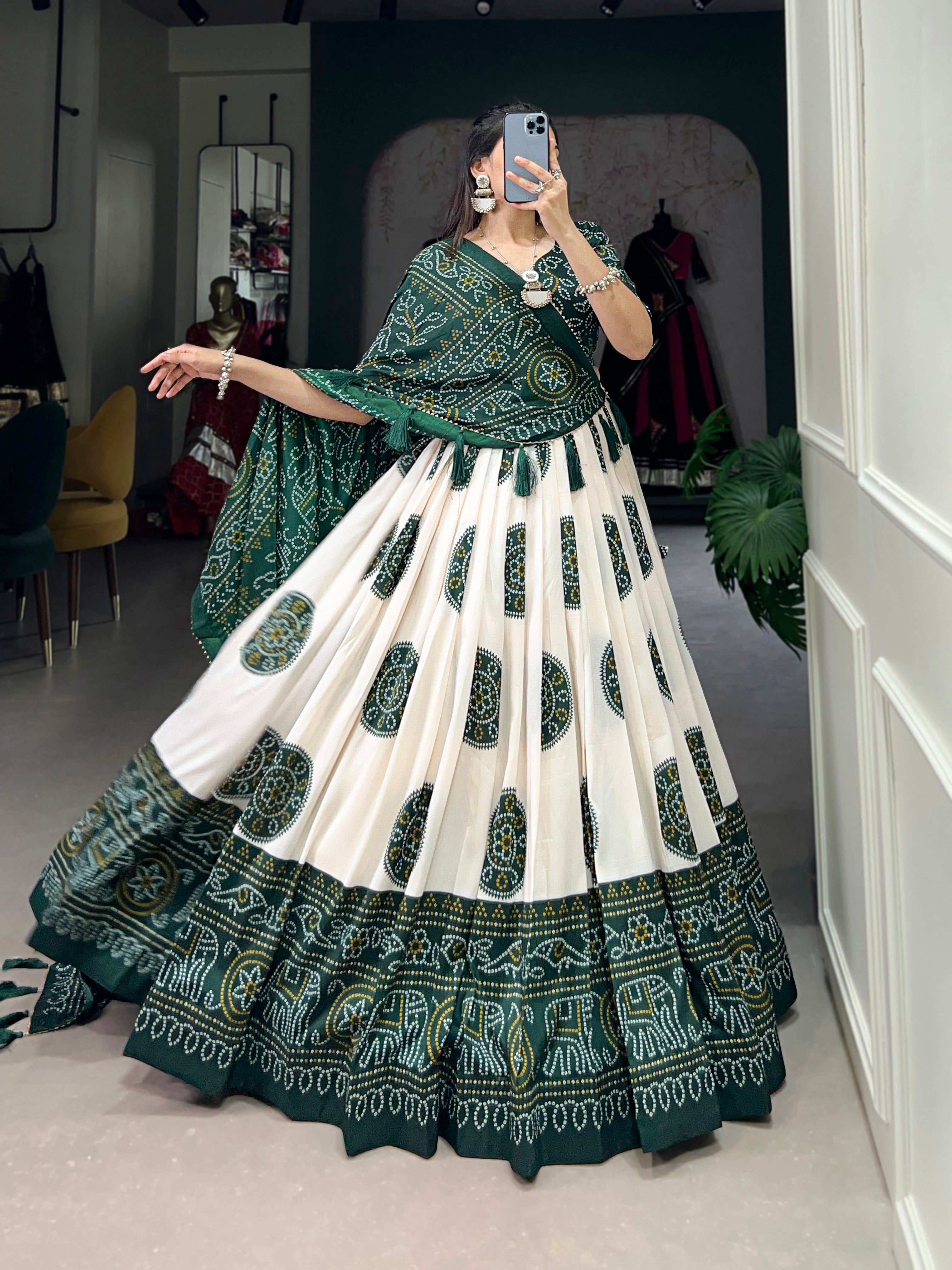 Lorenvalley Green Artistry in Tussar Silk with Bandhej Print Lehenga Choli - Distacart