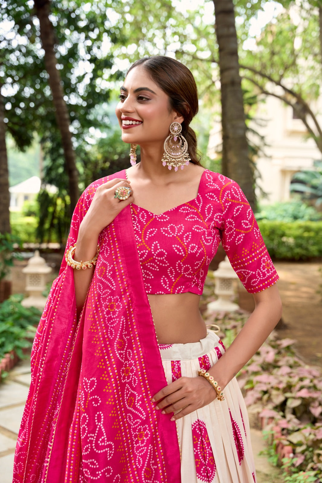 Lorenvalley Pink Artistry in Tussar Silk with Bandhej Print Lehenga Choli - Distacart
