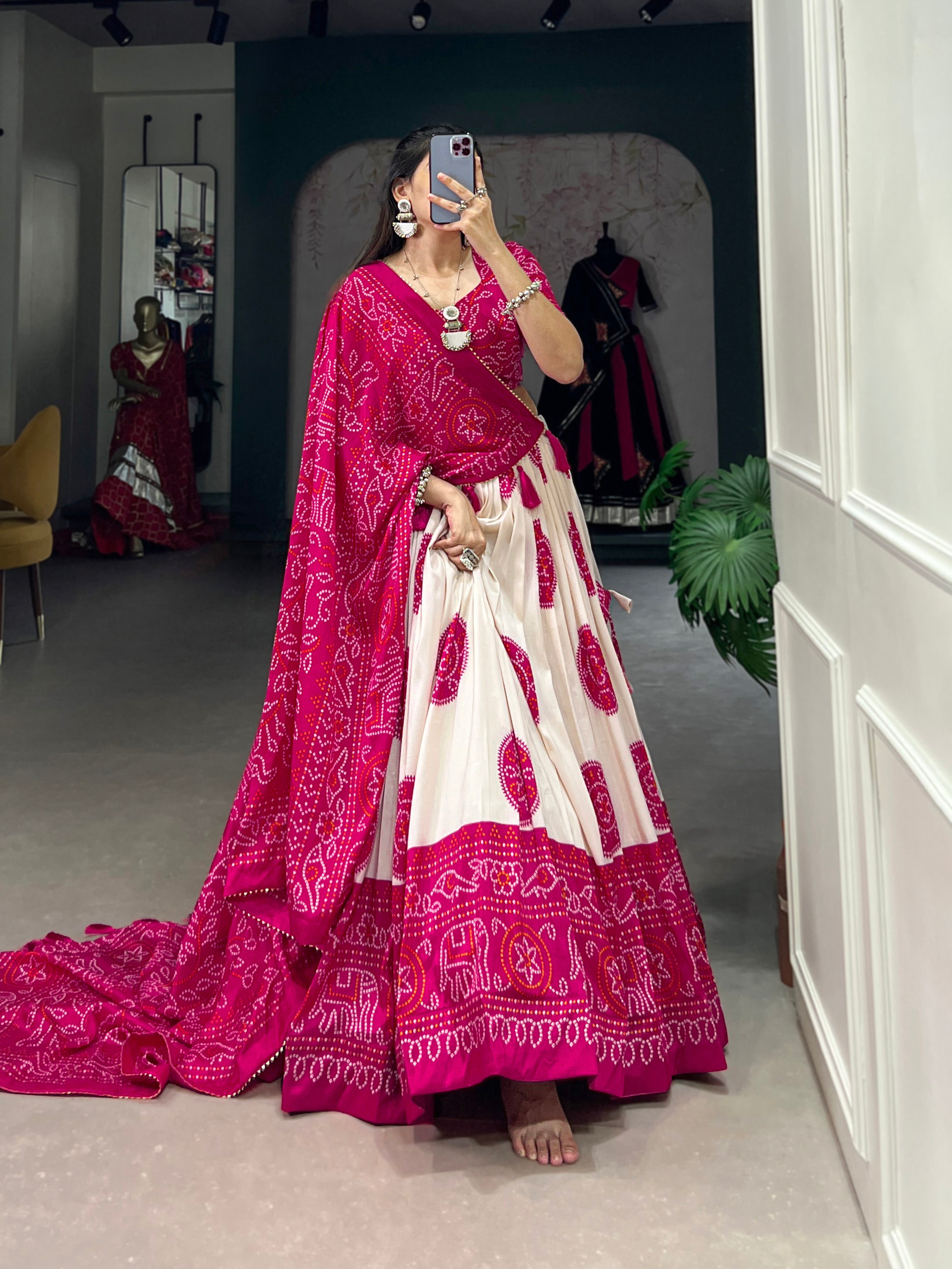 Lorenvalley Pink Artistry in Tussar Silk with Bandhej Print Lehenga Choli - Distacart