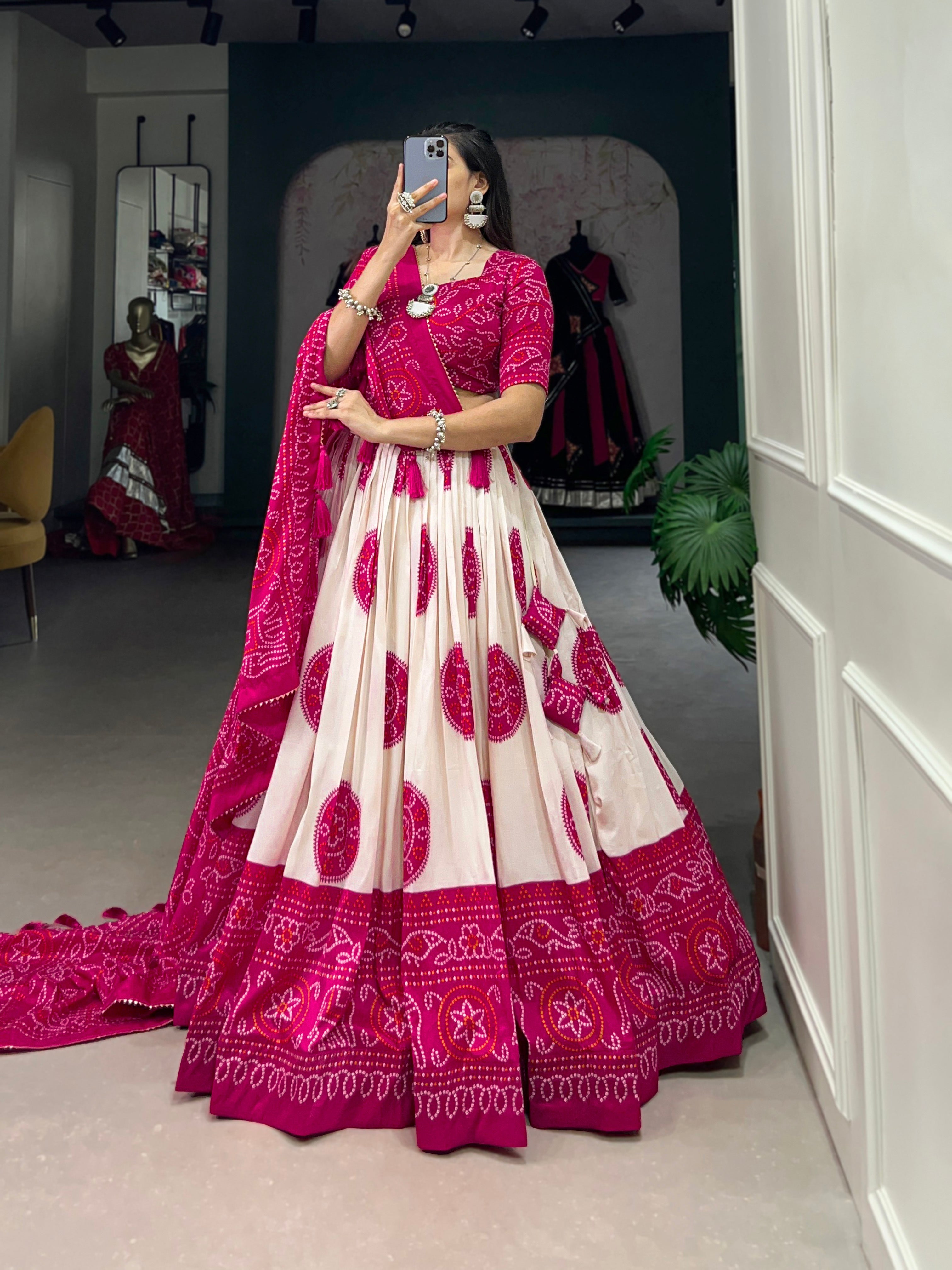 Lorenvalley Pink Artistry in Tussar Silk with Bandhej Print Lehenga Choli - Distacart