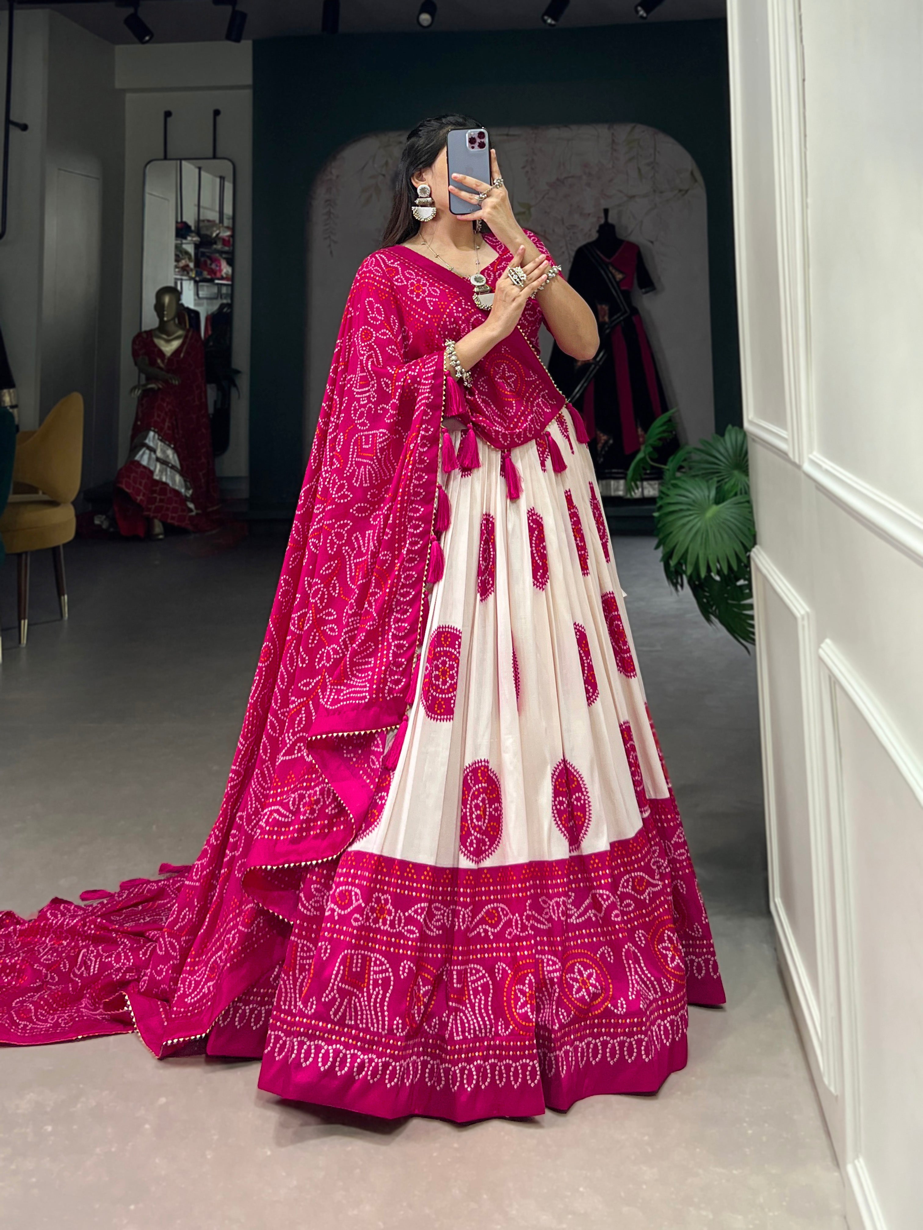 Lorenvalley Pink Artistry in Tussar Silk with Bandhej Print Lehenga Choli - Distacart