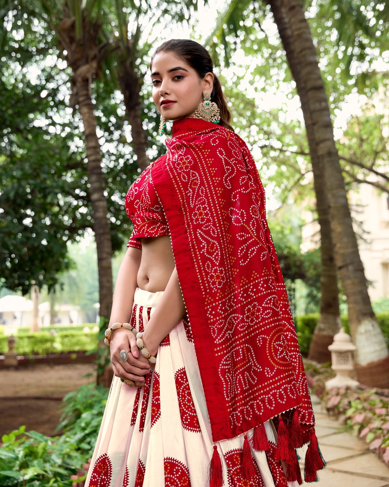 Lorenvalley Red Artistry in Tussar Silk with Bandhej Print Lehenga Choli - Distacart
