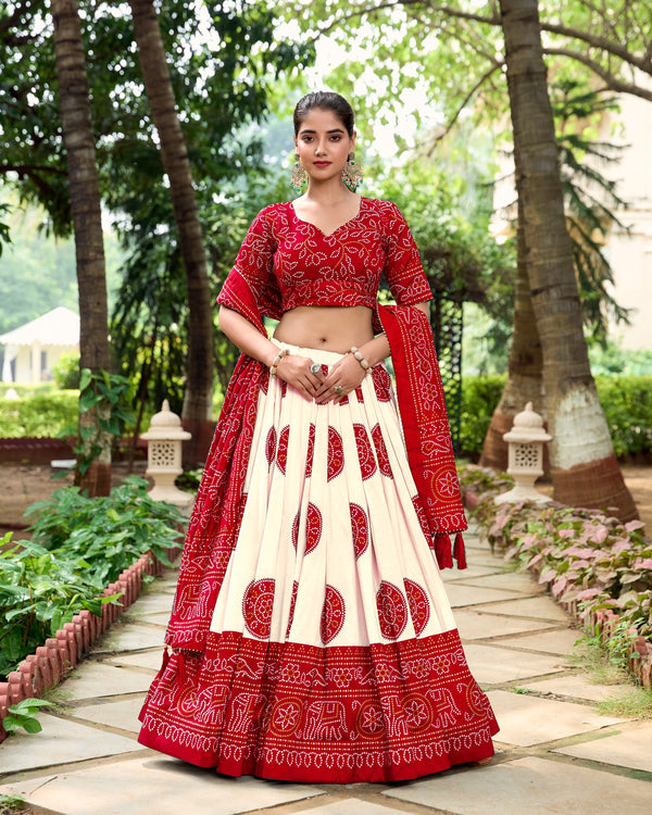 Lorenvalley Red Artistry in Tussar Silk with Bandhej Print Lehenga Choli - Distacart