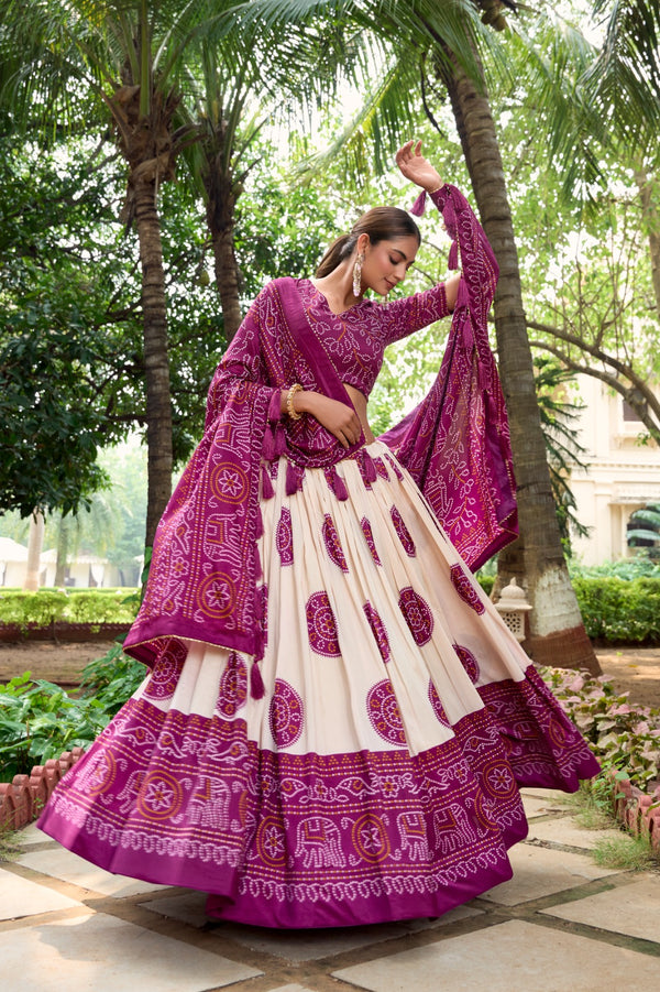 Lorenvalley Wine Artistry in Tussar Silk with Bandhej Print Lehenga Choli - Distacart