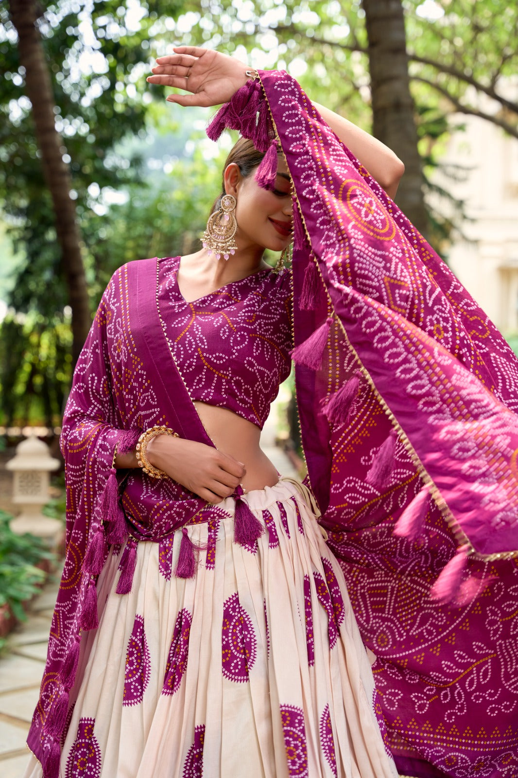 Lorenvalley Wine Artistry in Tussar Silk with Bandhej Print Lehenga Choli - Distacart