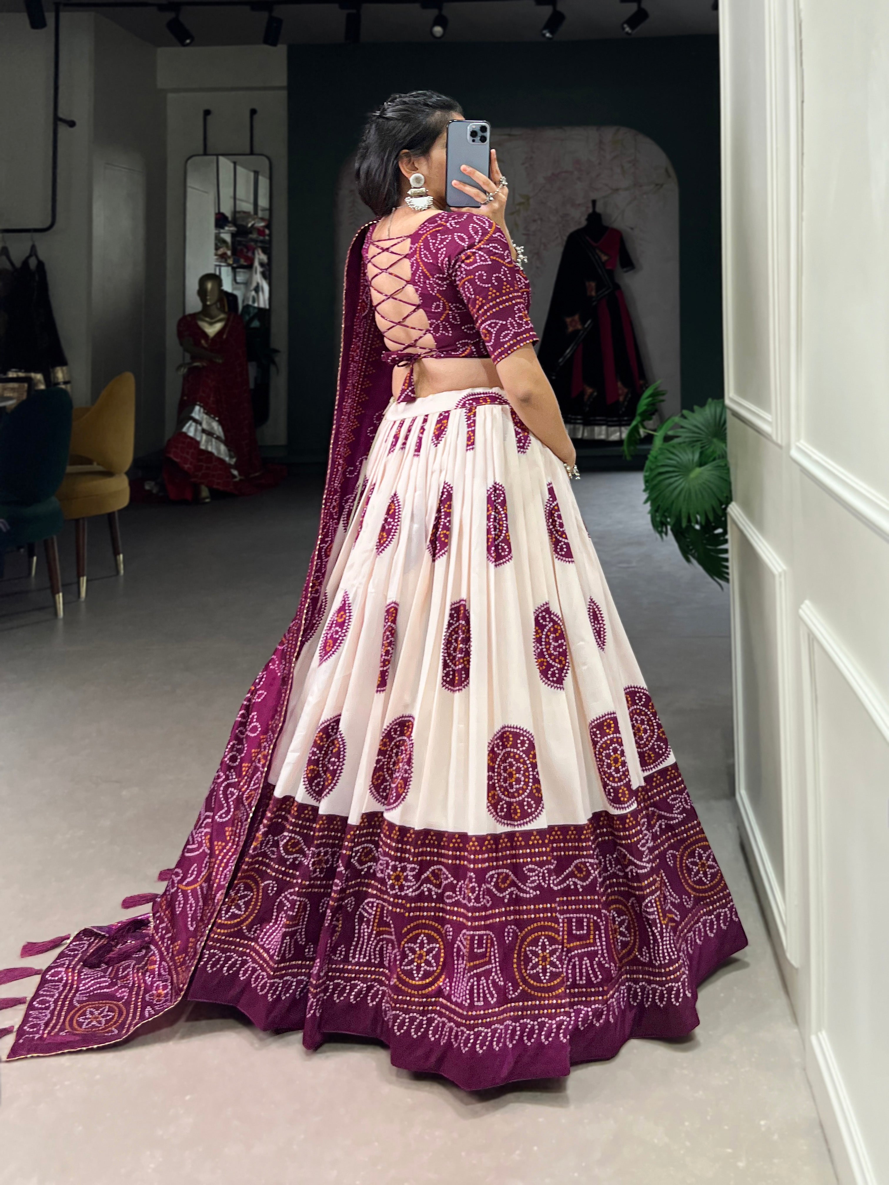 Lorenvalley Wine Artistry in Tussar Silk with Bandhej Print Lehenga Choli - Distacart