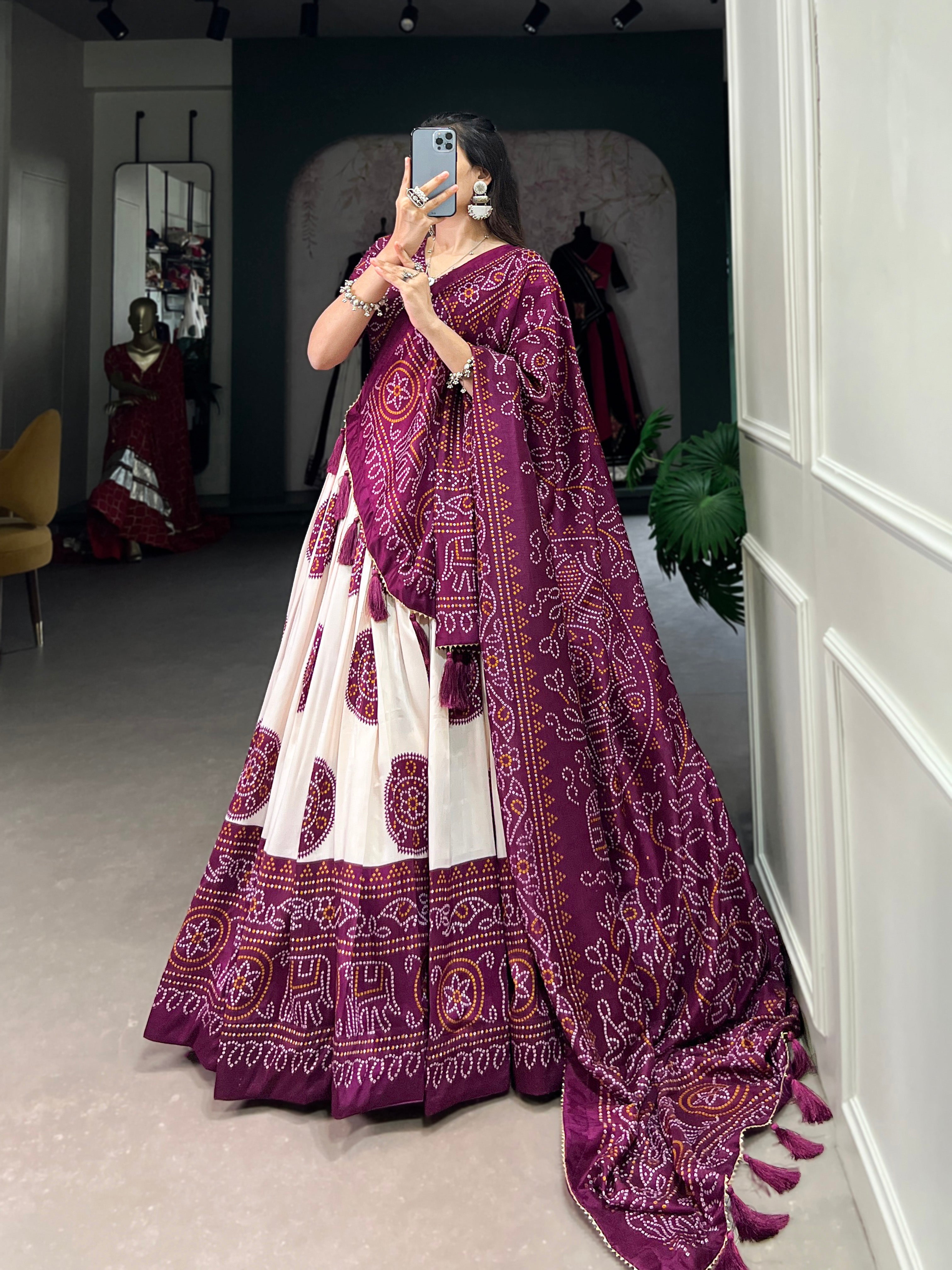 Lorenvalley Wine Artistry in Tussar Silk with Bandhej Print Lehenga Choli - Distacart