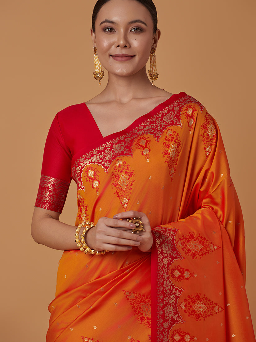 Monjolika Fashion Amber Banarasi Silk Blend SareeWith Zari Woven Rich Brocade Design - Distacart