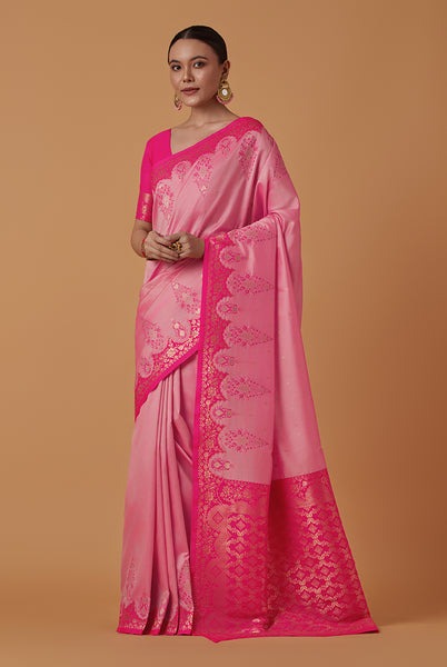 Monjolika Fashion Light Pink Banarasi Silk Blend SareeWith Zari Woven Rich Brocade Design - Distacart