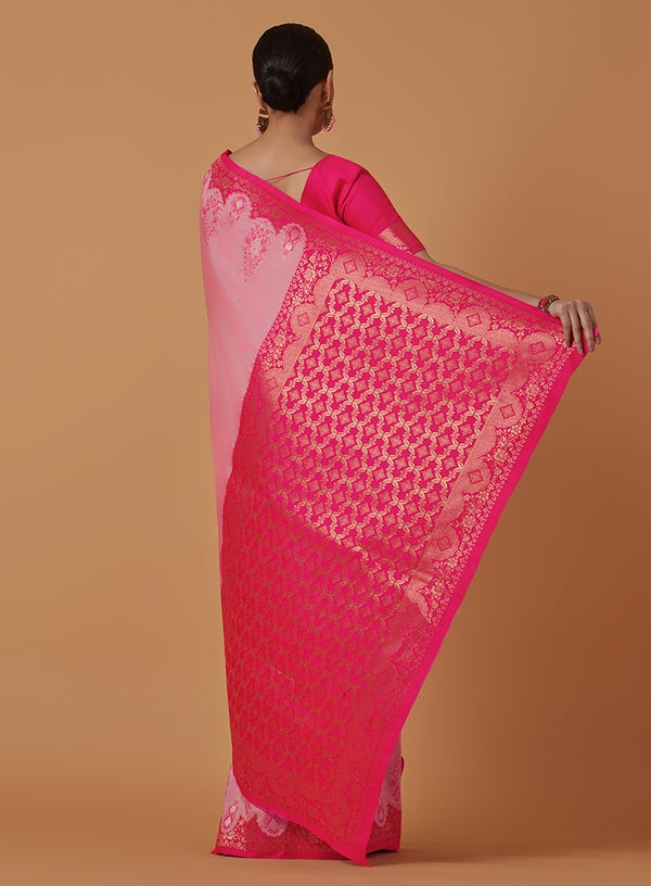 Monjolika Fashion Light Pink Banarasi Silk Blend SareeWith Zari Woven Rich Brocade Design - Distacart