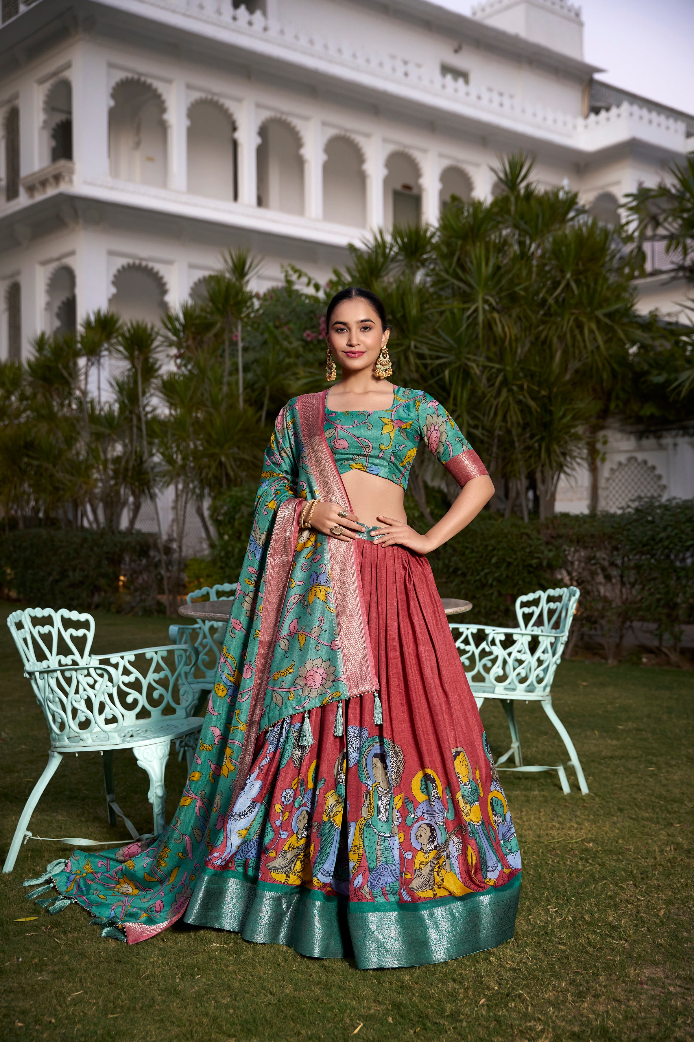 Lorenvalley Rust Dola Silk with Jacquard Printed (Kalamkari) with Zari Weaving Border Lehenga Choli - Distacart