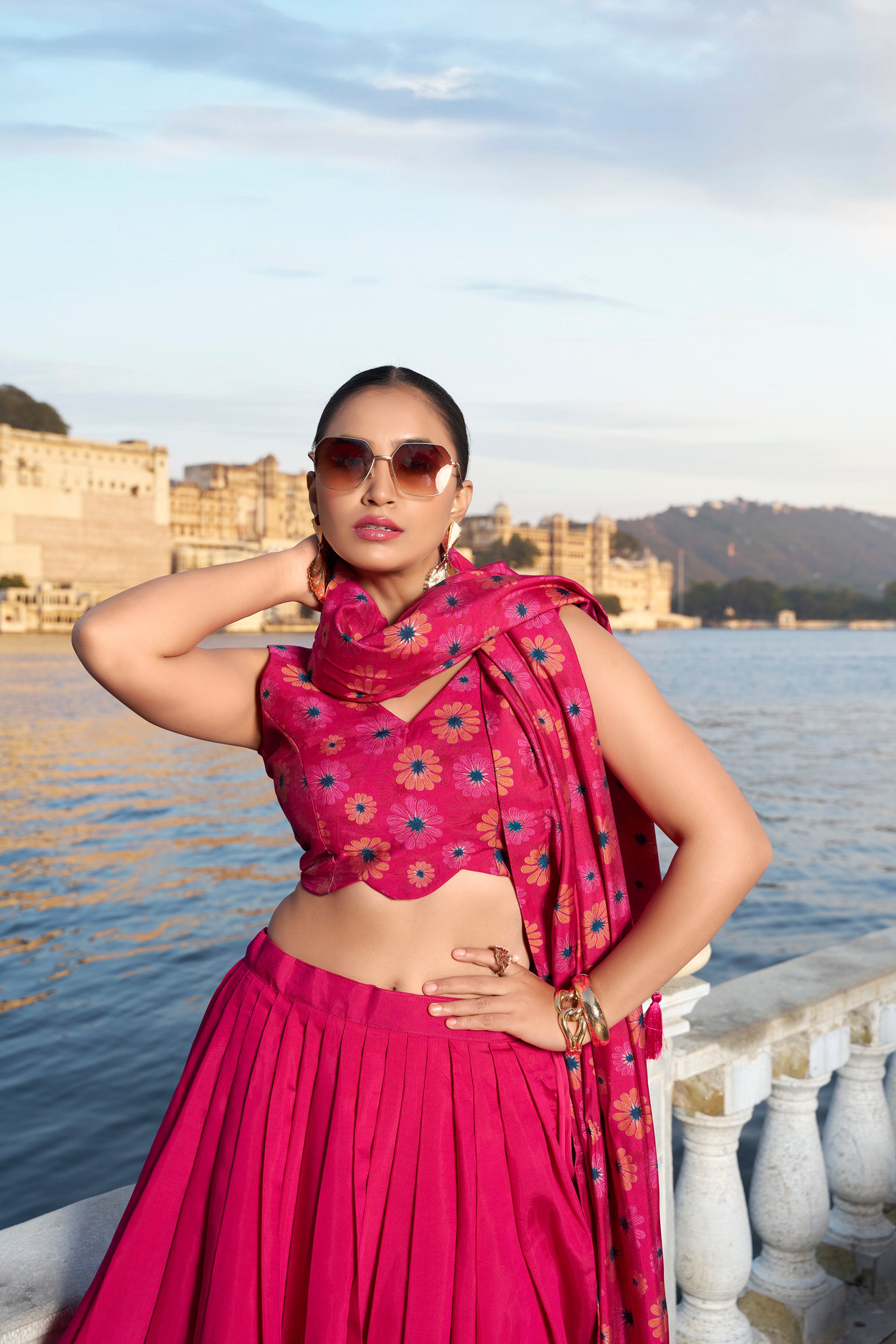 Lorenvalley Pink Tussar Silk Floral Print With Foil Work Lehenga Choli - Distacart