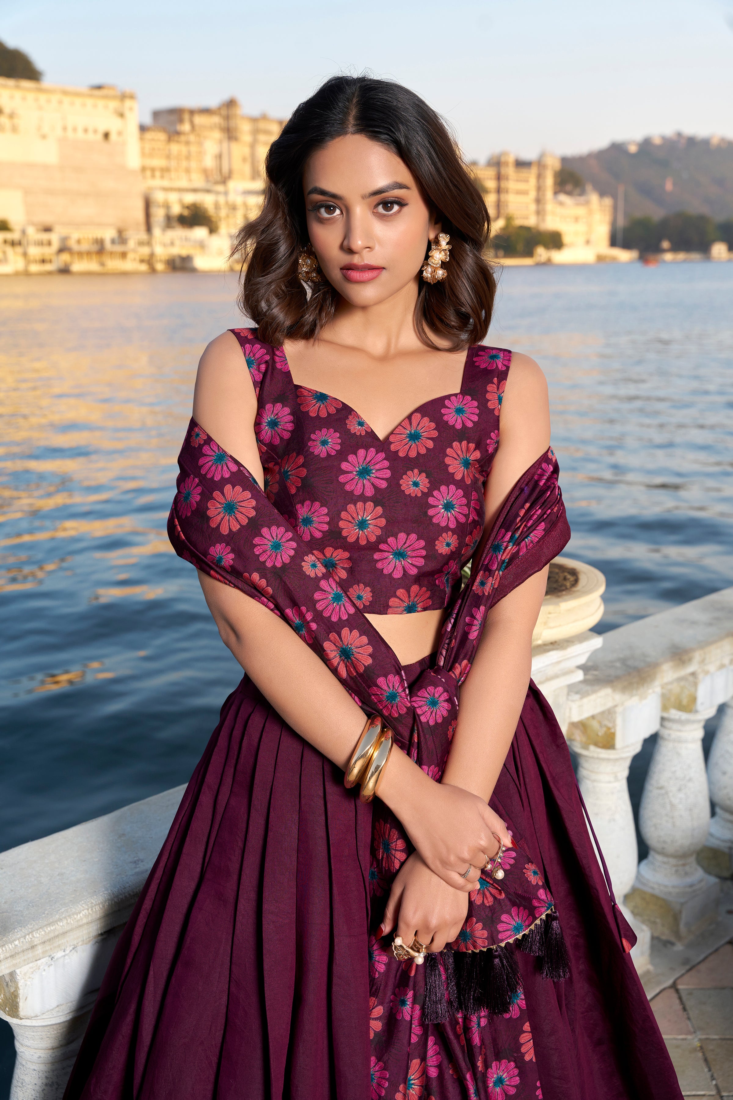 Lorenvalley Wine Tussar Silk Floral Print With Foil Work Lehenga Choli - Distacart