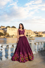 Thumbnail for Lorenvalley Wine Tussar Silk Floral Print With Foil Work Lehenga Choli - Distacart
