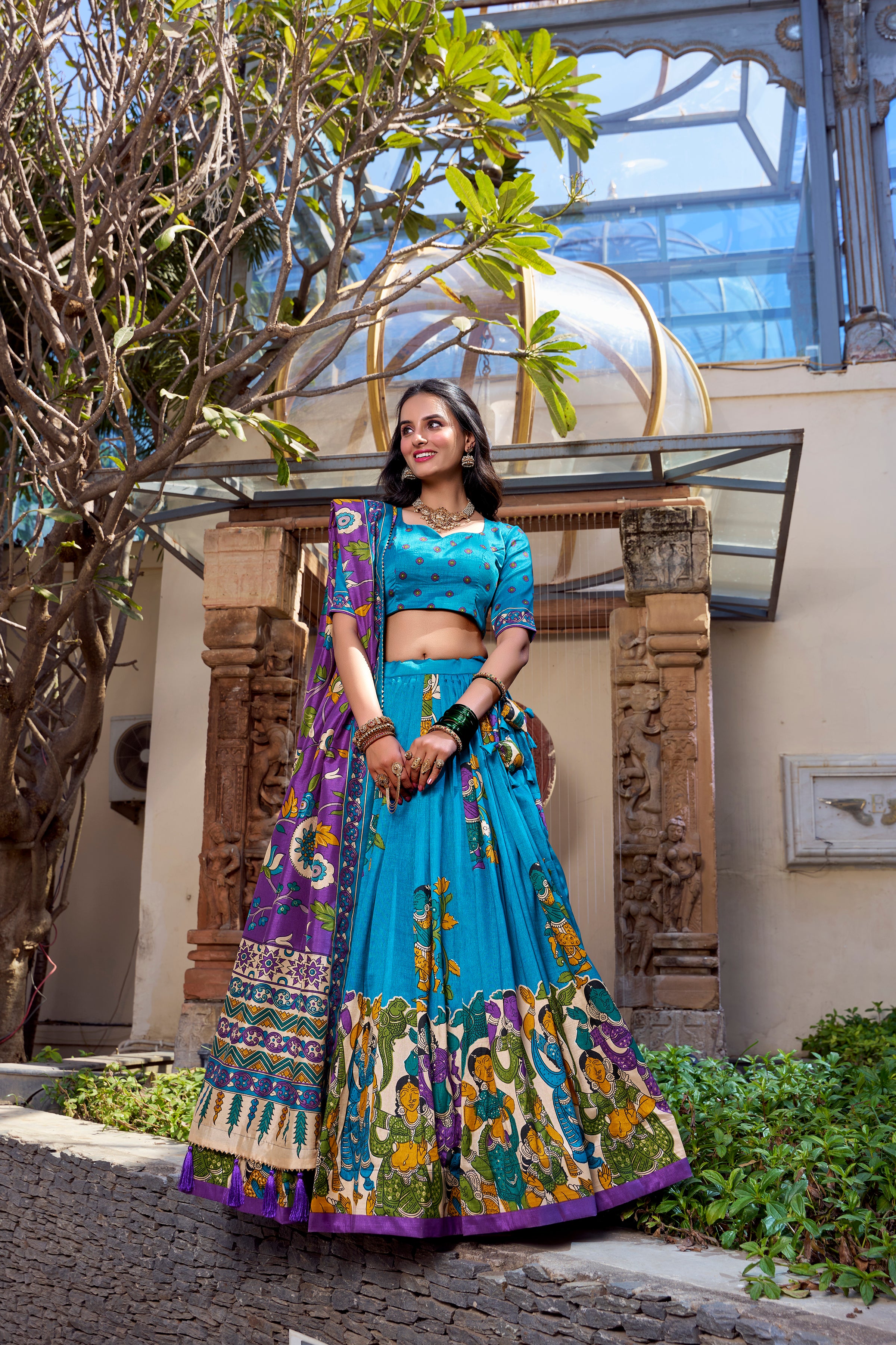 Lorenvalley Firozi Tussar Silk Kalamkari With Foil Work Lehenga Choli - Distacart