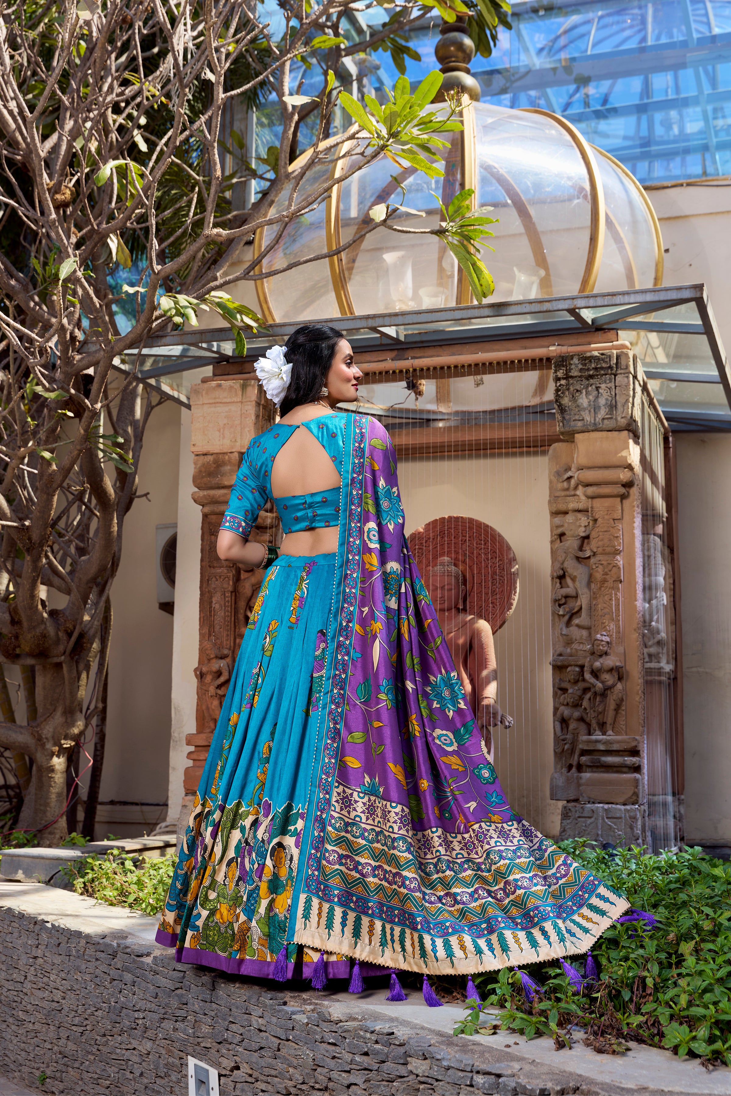 Lorenvalley Firozi Tussar Silk Kalamkari With Foil Work Lehenga Choli - Distacart