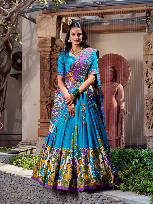 Lorenvalley Firozi Tussar Silk Kalamkari With Foil Work Lehenga Choli - Distacart