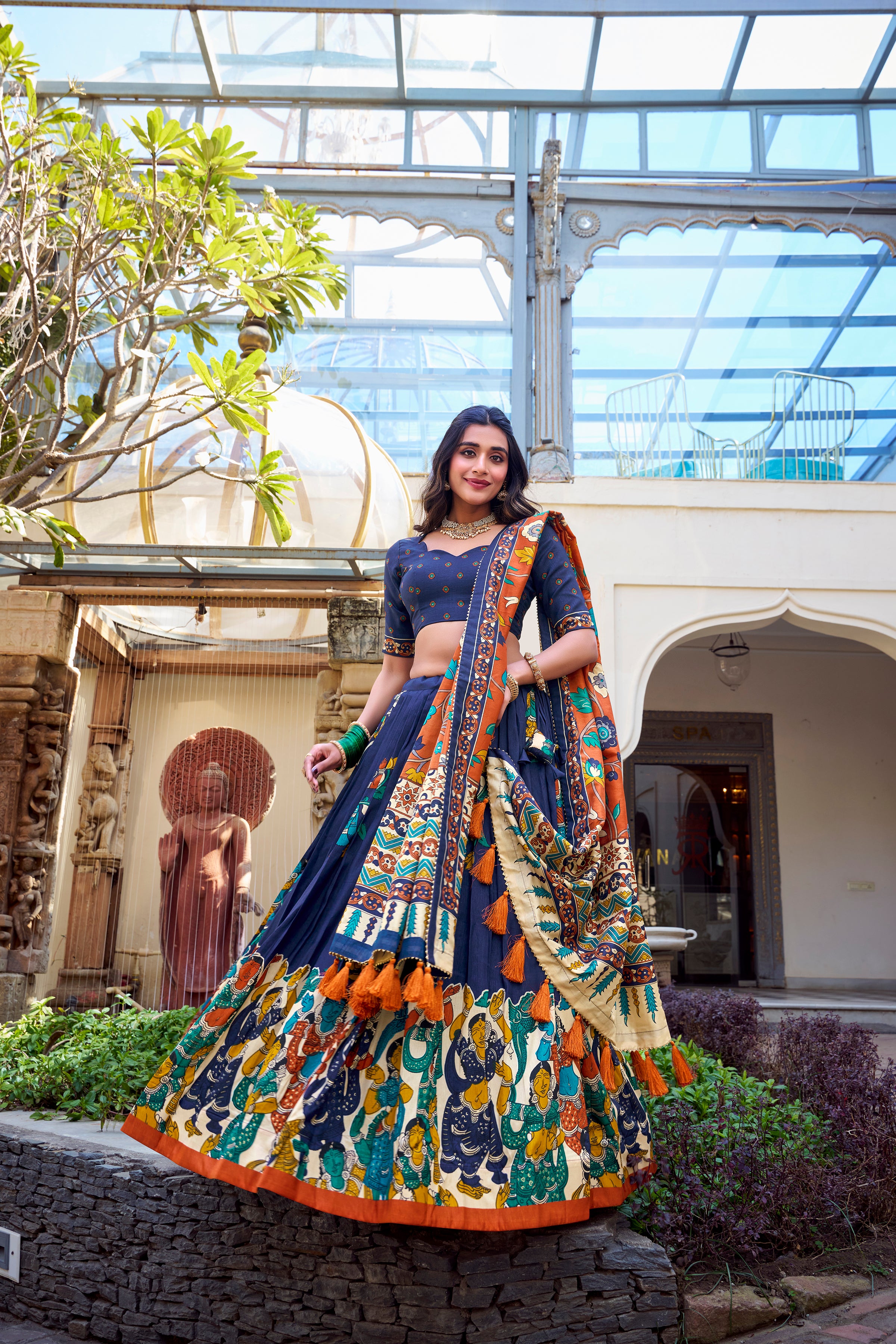 Lorenvalley Blue Tussar Silk Kalamkari With Foil Work Lehenga Choli - Distacart