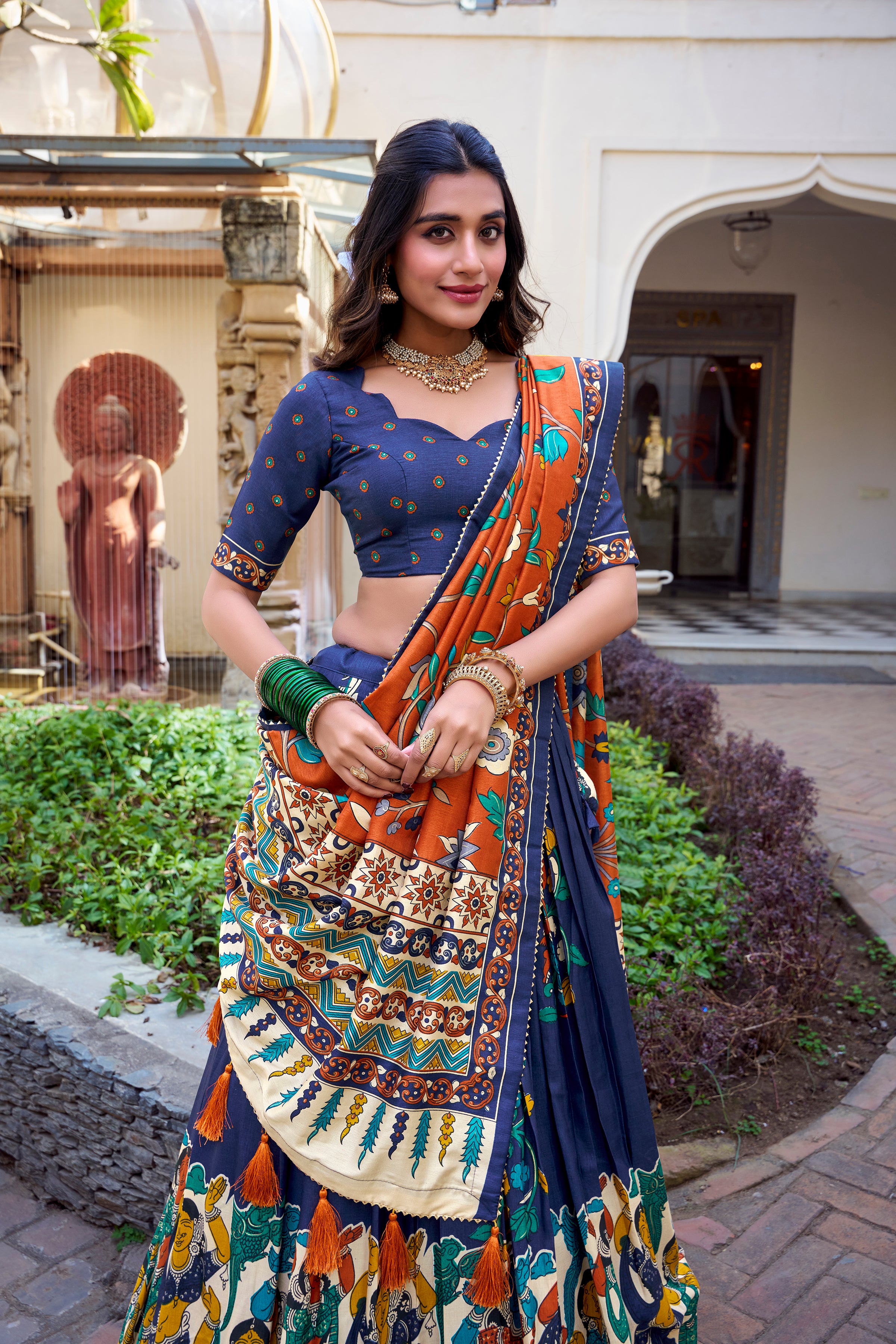 Lorenvalley Blue Tussar Silk Kalamkari With Foil Work Lehenga Choli - Distacart