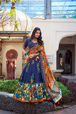 Thumbnail for Lorenvalley Blue Tussar Silk Kalamkari With Foil Work Lehenga Choli - Distacart