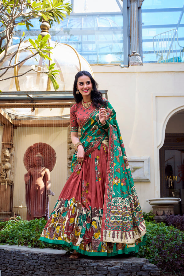 Lorenvalley Rust Tussar Silk Kalamkari With Foil Work Lehenga Choli - Distacart